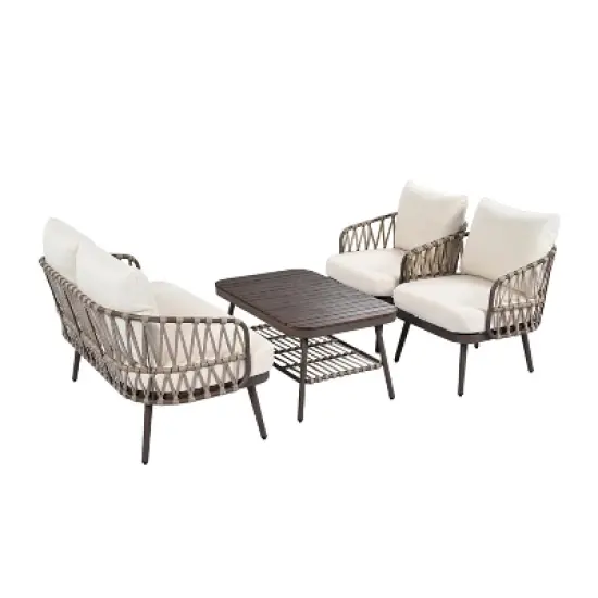 4-Piece Outdoor Patio Conversation Set Metal Frame Chairs with Woven Rope Backrest, Thick Cushions & Acacia Wood Coffee Table - ModernLuxe image {4}