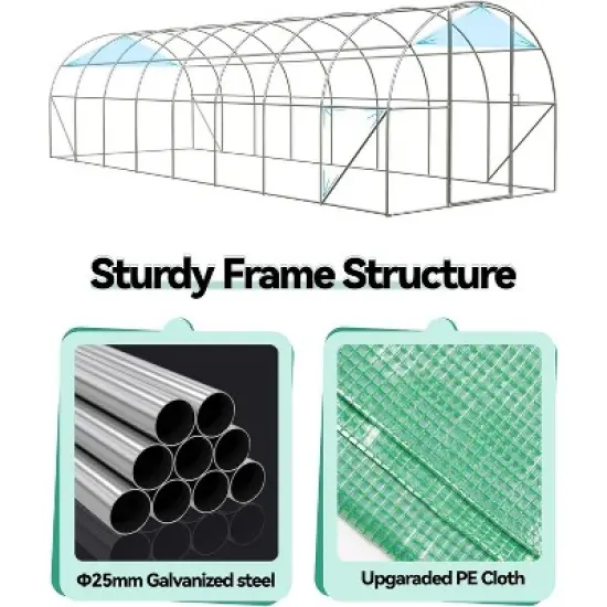 Acekool 27x10x7 FT Outdoor Walk-in Greenhouse with Swing Door, 10 Mesh Windows, Galvanized Steel Frame, PE Cover, Large Tunnel for Garden Patio Yard image {5}