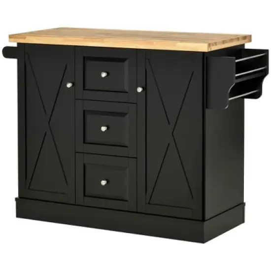 HOMCOM Farmhouse Mobile Kitchen Island Utility Cart on Wheels with Barn Door Style Cabinets, Drawers image {3}