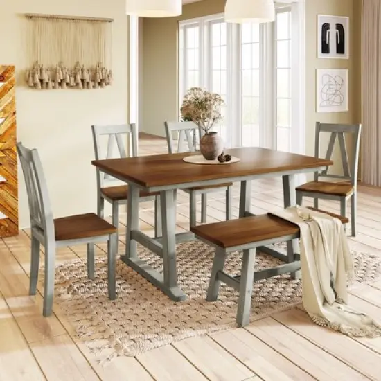 Farmhouse 6-Piece Wood Dining Table Set with Long Bench and 4 Dining Chairs-ModernLuxe image {13}