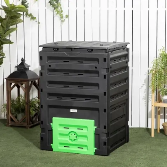 Outsunny 120 Gallon Compost Bin, Large Composter with 80 Vents and 2 Sliding Doors, Lightweight & Sturdy image {2}