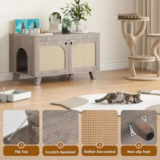 FURNIinspire Pet Crates and Houses, Hidden Cat Crates with Storage Removable Scratcher, Modern Pet Crates for Home, Gray, 31.5"*19.7"*19.7" image {4}