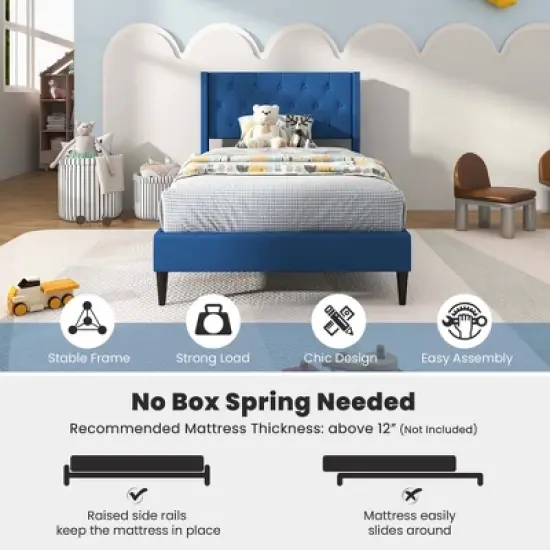 Costway Twin Size Upholstered Platform Bed with Button Tufted Wingback Headboard Blue/Grey image {3}