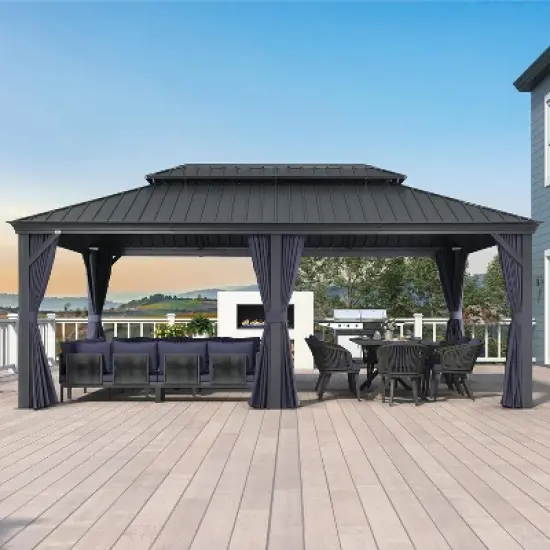 PURPLE LEAF Outdoor Gazebo Aluminum Frame Galvanized Steel Double Roof Patio Hardtop Gazebo with Curtains and Netting for Patio Lawn and Garden image {24}