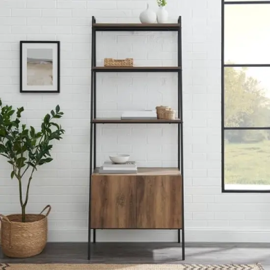 72" Open Shelf and Closed Storage Cabinet Ladder Bookcase - Saracina Home image {3}