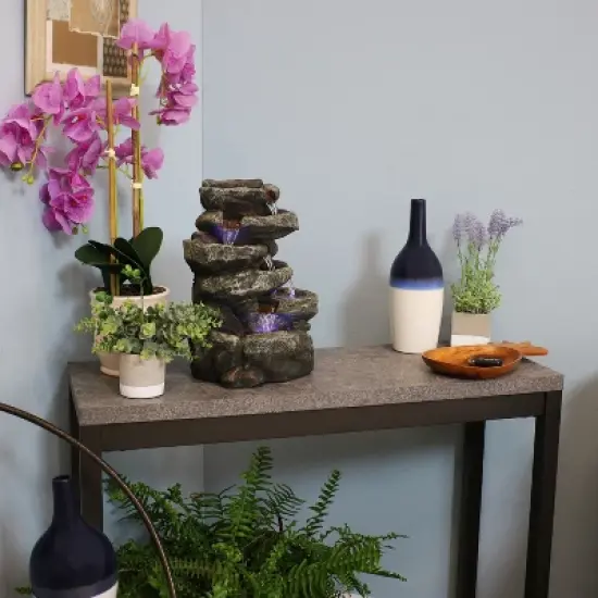 Sunnydaze Indoor Home Office Relaxing 6-Tiered Stone Falls Tabletop Water Fountain with LED Lights - 15" image {8}