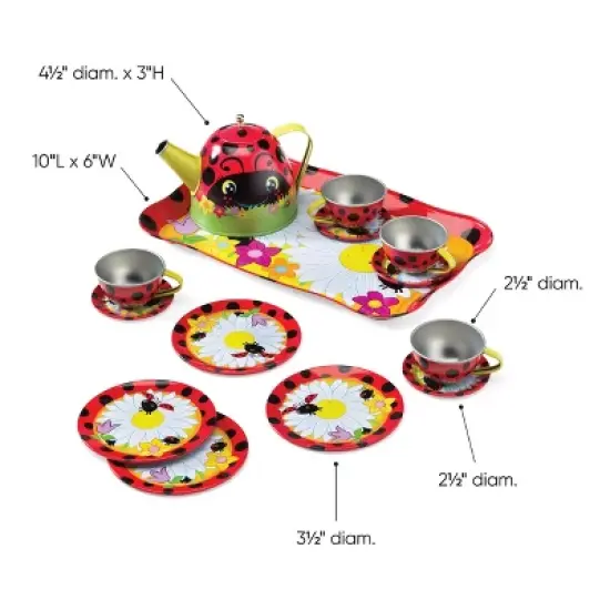 Hearthsong 15-Piece Ladybug-Themed Tin Tea Set for Kids with Carrying Case, For Pretend Play image {2}
