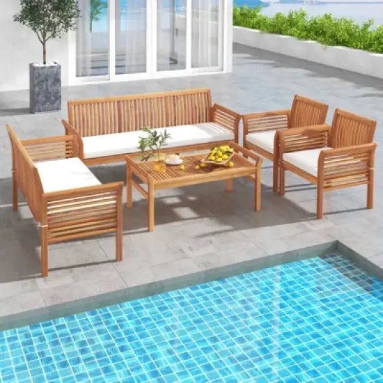 Tangkula 5 Pieces Acacia Wood Patio Conversation Set Outdoor Furniture Sofa Set with Removable Seat Cushions Sectional Sofa & Table Set image {2}
