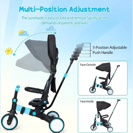 7-in-1 Kids Tricycle with Adjustable Parent Handle, Safety Harness & Wheel Brakes image {2}