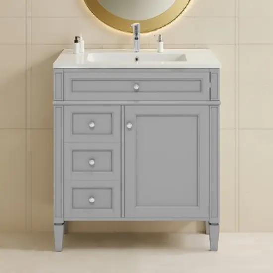 SpassWay 30"L White Modern Bathroom Vanity with Sink 2 Drawers Tip Out Storage Cabinet image {8}