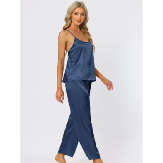 cheibear Womens Satin Lounge Solid Color Cami Tops with Pants Sleepwear Pajamas Sets image {2}
