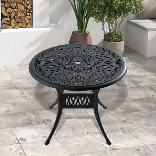 NicBex Outdoor Dining Table,Round Patio Table with Black Frame and Umbrella Hole for 4 to 6 Chairs,Outdoor Furniture,Black image {4}