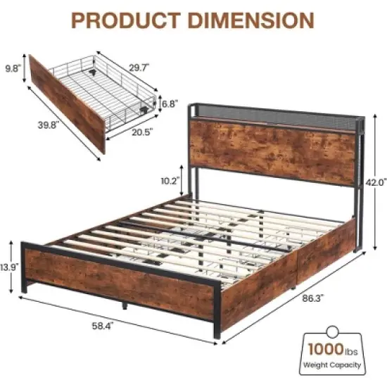 Full Queen Bed Frame with Storage Drawers and Charging Station, LED Light Bed with Storage Headboard, Platform Bed with Strong Wood Slats Support image {1}