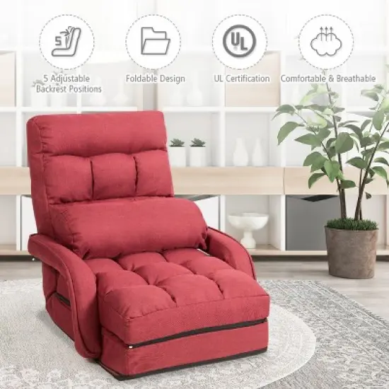 Costway Folding Floor Armchair w/6-position Adjustable Back & Lumbar Pillow Red image {2}