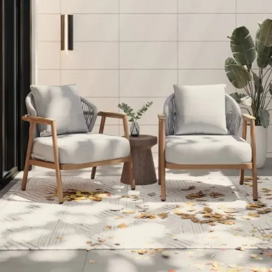 Set of 2 Outdoor Rope Lounge Chairs,Cushioned Patio Club Chairs with Gray Frame and Plastic Wood Armrests-Maison Boucle image {8}