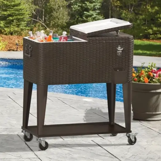 Home Aesthetics Outdoor Patio Rolling Cooler Cart 80 Qt Wicker Ice Chest Beverage Brown Rattan image {2}