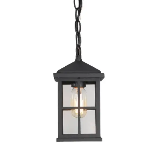 10.5" Metal/Glass Square Cage Modern Outdoor Pendant Light Black - LNC image {3}