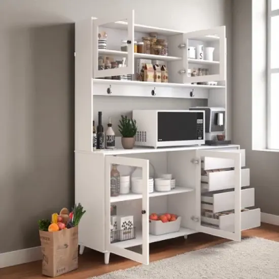 63" Large Kitchen Hutch Pantry Cabinet with 4 Doors, 4 Drawers & Microwave Shelf, Freestanding Storage Buffet Cupboard for Dining Room image {9}