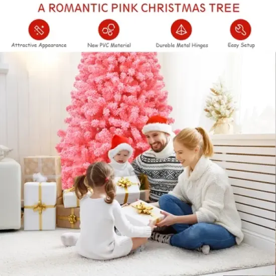 Costway 4.5/6.5/7.5 ft Snow Flocked Hinged Artificial Christmas Tree w/ Metal Stand Pink image {5}