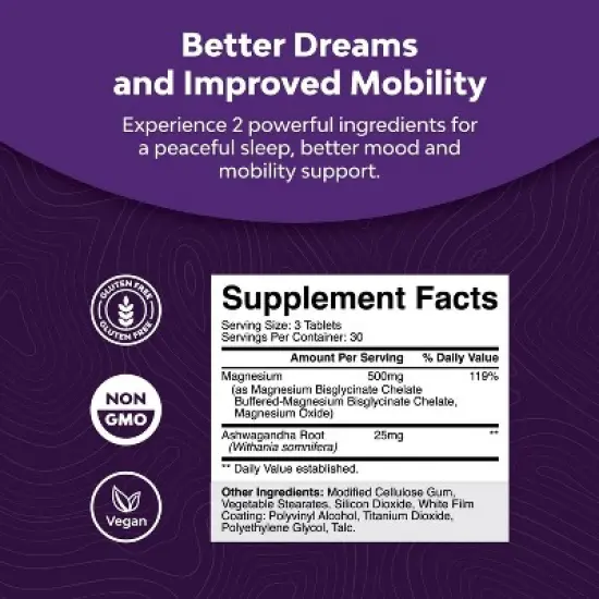 Magnesium + Ashwagandha Tablets, Calming Magnesium Supplement for Mood Sleep and Relaxation, Nature's Craft, 90ct image {1}