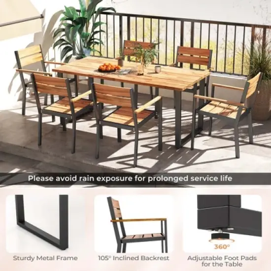 Costway 7 PCS Acacia Wood Patio Dining Set 6 Armchairs and 69" Table with 2" Umbrella Hole image {8}