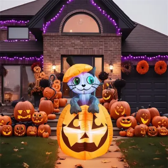 Joyfy 5 FT Tall Halloween Inflatable Outdoor Decorations, Animated Kitty Cat On Pumpkin Inflatable for Halloween Party Indoor Outdoor Yard Lawn Decor image {11}