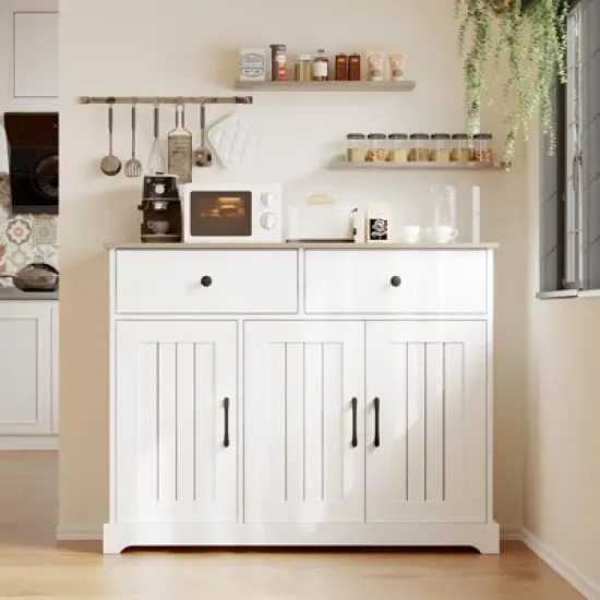 56" Large Sideboard Buffet Cabinet with Storage, Wooden Kitchen Storage Cabinet with Adjustable Shelf, Drawers & Barn Doors,  Coffee Bar Buffet Table image {8}