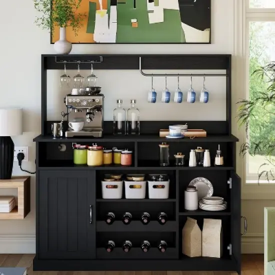 Modern Black Bar Cabinet with Wine Storage, Adjustable Shelves & Cup Rack - Kitchen Dining Room Coffee Bar Organizer image {7}