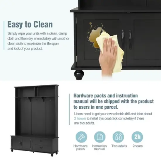 Modern Style Hall Tree With Storage Cabinet 2 Large Drawers Widen Mudroom Bench With 5 Coat Hooks For Entryway Living Room image {3}