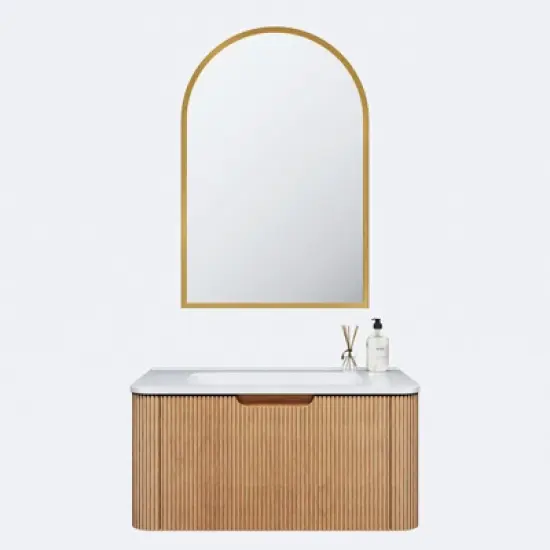 PexFix 30" Wall-Mounted Floating Solid Wood Bathroom Vanity with Mirror Modern Curved Edge Storage Bathroom Cabinet in Walnut with Ceramic Basin image {3}