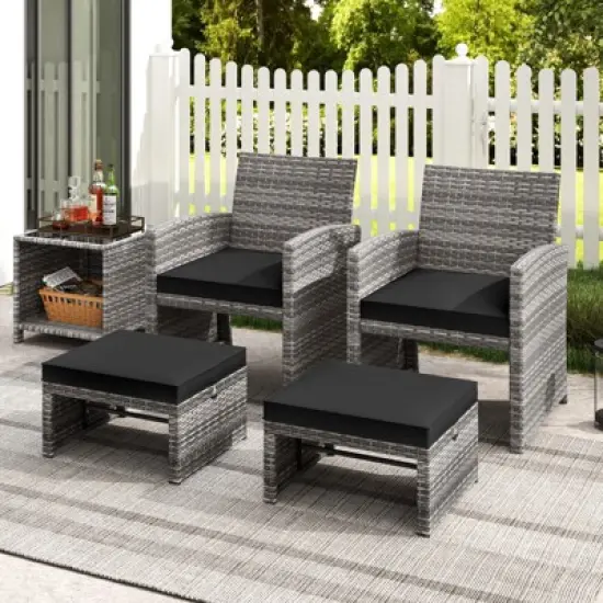Tangkula 2 Pieces Patio PE Rattan Ottomans with Soft Zippered Cushions for Deck Frame image {3}
