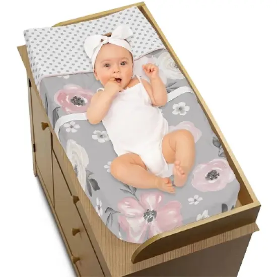 Sweet Jojo Designs Girl Changing Pad Cover Watercolor Floral Grey and Pink image {1}