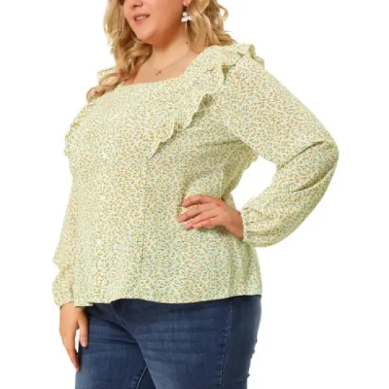 Agnes Orinda Women's Plus Size Blouses Long Sleeve Square Neck Ditsy Ruffle Floral Tops image {6}
