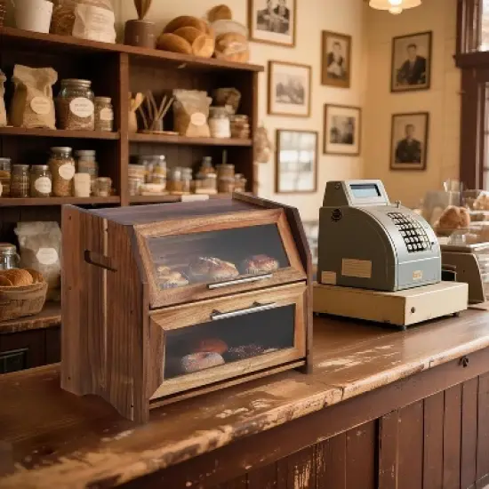 Acekool Double Layer Bread Box, Acacia Wood Bread Bin with Clear Door & Air Vents, Countertop Storage for Bread, Bagels, Muffins, Brown image {6}