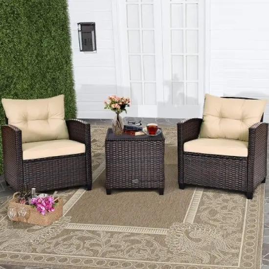 Costway 3PCS Patio Rattan Furniture Set Cushioned Conversation Set Sofa image {10}