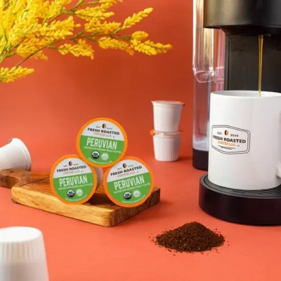Fresh Roasted Coffee - 48 CT Organic Peruvian Water-Processed Half Caf Medium Roast Single Serve Pods image {2}