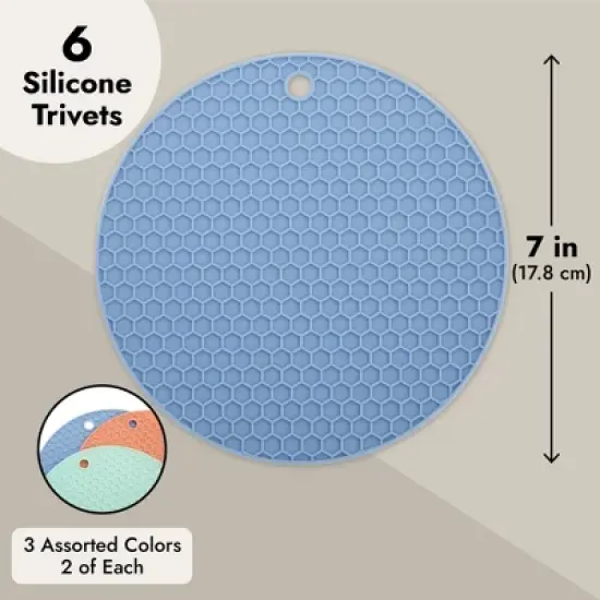 Juvale 6 Pack Silicone Trivets for Hot Pots and Pans, Round Heat Resistant Mat Pad for Kitchen Countertop, 3 Colors, 7 Inches image {5}