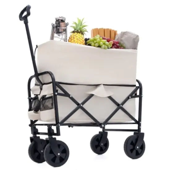 DSVIMOY Extention Collapsible Foldable Wagon Cart, Grocery Cart for for Camping Shopping Sports Gardeing Fishing, Cream 25.98"*17.32"*37.4" image {3}