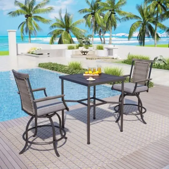 Captiva Designs 3pc Outdoor Patio Metal Bar Height Table & Bar Swivel Chair with Cushion and Armrest image {16}