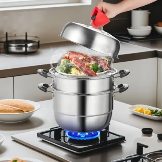 VEVOR Steamer Pot 11in/28cm, 3 Tier Steamer Pot for Cooking with 8.5QT Stock Pot, Vegetable Steamer & 2 Steaming Tray image {1}