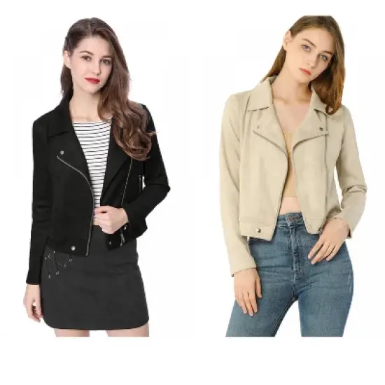 INSPIRE CHIC Women's Zip Up Faux Suede Biker Moto Jacket 2 Packs image {6}