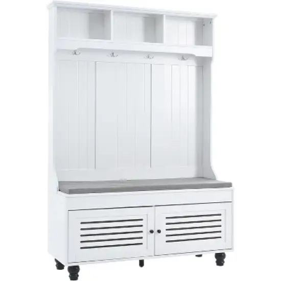 Acekool Hall Tree with Storage, Entryway Bench, Coat Rack, Shoe Cabinet & 4 Hooks, Cushioned Mudroom Organizer, 47.2"W White image {6}