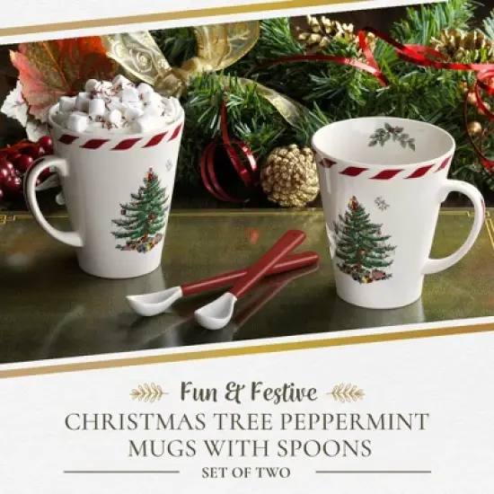 Spode Christmas Tree Peppermint 14oz Mug & Spoon Set (4-Piece) - Festive Earthenware with Candy Cane Motif, Ceramic Mug - Christmas Drinkware image {1}