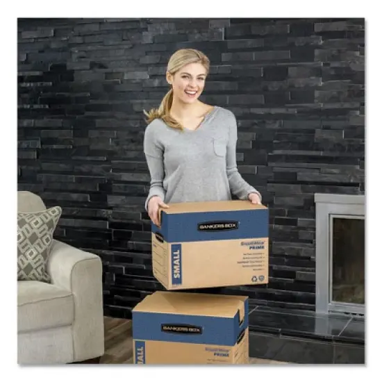 Bankers Box SmoothMove Prime Moving/Storage Boxes, Hinged Lid, Regular Slotted Container, Small, 12" x 16" x 12", Brown/Blue, 10/Carton image {5}