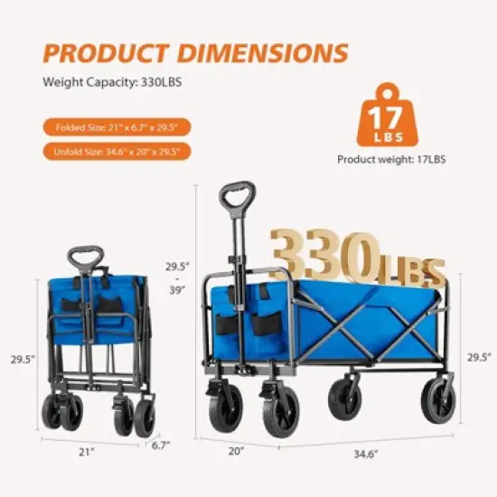 FURNIinspire Wheelbarrows And Lawn Carts Collapsible Folding Wagon Car, Heavy Duty Utility Wagon With All-Terrain Wheels, Blue, 20"*34.6"*39" image {2}