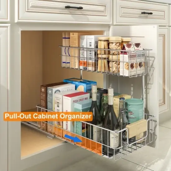 Pull Out Cabinet Organizer, Under Sink Slide Out Storage Shelf with 2 Tier Sliding Wire Drawer image {3}