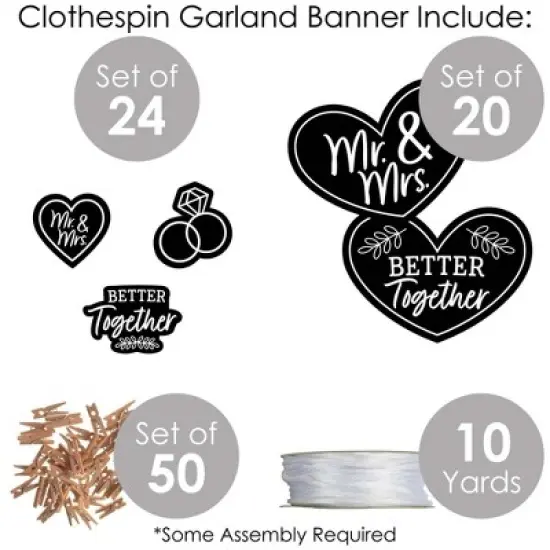 Big Dot of Happiness Mr. and Mrs. - Black and White Wedding or Bridal Shower DIY Decorations - Clothespin Garland Banner - 44 Pieces image {3}