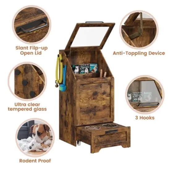 Dog Feeding Station with 2 Elevated Bowls & Food Storage Cabinet &ndash; Flip-Top Pet Feeder with Pull-Out Drawer, Stainless Steel Bowls, Brown image {5}