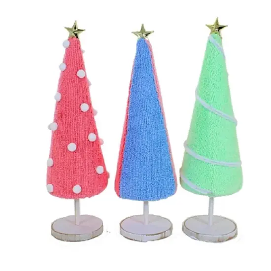Transpac 11.0 Inch Fabric Punch Needle Tree Set Christmas Decorative Tree Set , Christmas Decor Fabric Wrapped Cone Wooden Base (3PC) image {1}