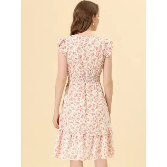 Allegra K Women's Floral Flutter Sleeves V Neck Smocked Ruffle Dress image {3}